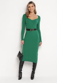 Born2be - Zielona Sukienka o Ołówkowym Fasonie z Prążkowanej Dzianiny Xamelina. Kolor: zielony. Materiał: dzianina, prążkowany. Typ sukienki: ołówkowe. Długość: midi #1