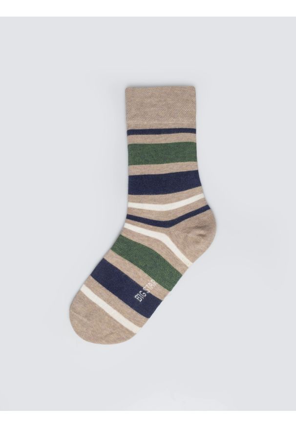 Big-Star - Skarpety bawełniane męskie w kolorowe paski beżowe Ismaelo 801. Kolor: beżowy. Materiał: bawełna. Wzór: kolorowy, paski