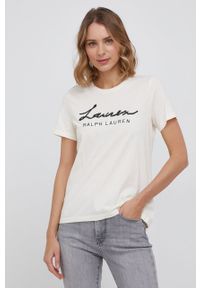 Lauren Ralph Lauren T-shirt damski kolor kremowy. Okazja: na co dzień. Kolor: beżowy. Materiał: dzianina. Wzór: aplikacja. Styl: casual #1