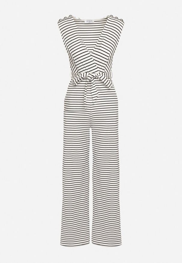 Born2be - Biało-Czarny Kombinezon Kopertowy w Paski z Wiązaniem w Talii Rivarelle. Okazja: na co dzień, do pracy, na spotkanie biznesowe, na spacer. Kolor: biały. Materiał: wiskoza. Wzór: paski. Styl: casual, biznesowy, sportowy