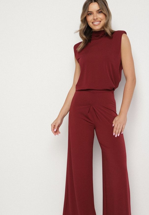 Born2be - Bordowy Komplet Bluzka z Wiązaniem i Szerokie Spodnie Halazea. Kolor: czerwony