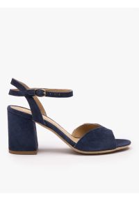 Ryłko - Granatowe sandały na słupku. Nosek buta: okrągły. Zapięcie: sprzączka. Kolor: niebieski. Materiał: skóra, welur. Sezon: lato. Obcas: na słupku. Wysokość obcasa: średni #1