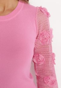 Born2be - Różowy Sweter z Ażurowymi Rękawami z Kwiatkami Semnetia. Kolor: różowy. Wzór: kwiaty, ażurowy. Sezon: jesień, wiosna, zima