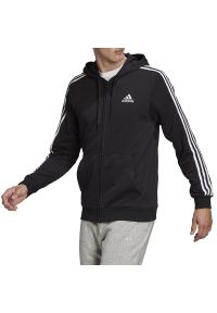 Adidas - Bluza adidas Essentials French Terry 3-Stripes Full Zip Hoodie GK9032 - czarna. Typ kołnierza: kaptur. Kolor: czarny. Materiał: bawełna, wiskoza, poliester. Wzór: paski, aplikacja. Styl: retro #1