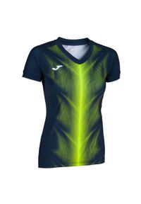 Damska koszulka Joma Olympie. Typ kołnierza: dekolt w serek. Kolor: niebieski, wielokolorowy, żółty. Materiał: materiał. Sport: fitness