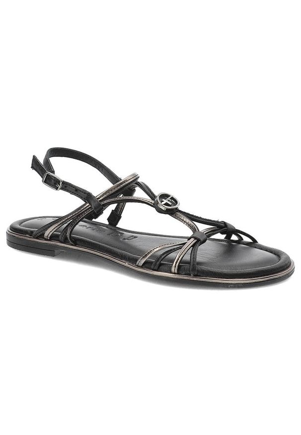 Czarne Sandały Tamaris Eleganckie Płaskie Buty. Okazja: na co dzień, na spacer. Zapięcie: pasek. Kolor: czarny. Wzór: paski. Sezon: lato. Obcas: na płaskiej podeszwie. Styl: elegancki