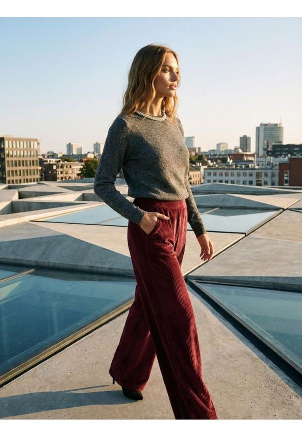 Sinsay - Prążkowane spodnie wide leg - bordowy. Kolor: czerwony. Materiał: prążkowany