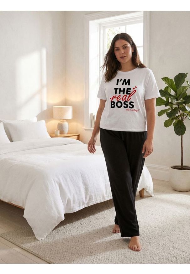Sinsay - Bawełniana piżama dwuczęściowa z napisem - kremowy. Kolor: kremowy. Materiał: bawełna. Wzór: napisy