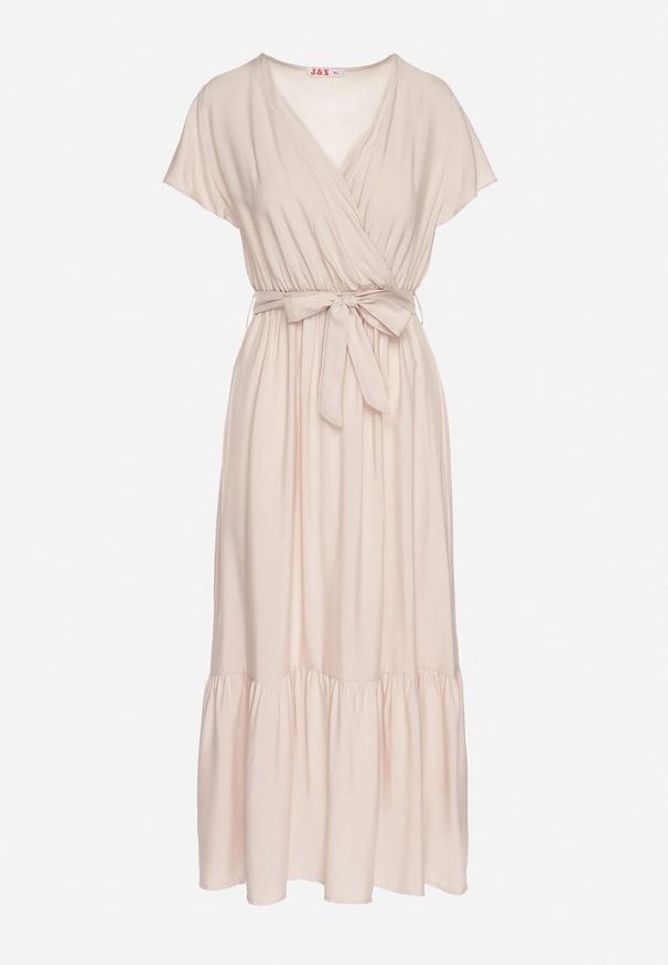 Born2be - Beżowa Wiskozowa Sukienka z Kopertowym Dekoltem z Paskiem Savorlisse. Okazja: na co dzień. Kolor: beżowy. Materiał: wiskoza. Wzór: aplikacja. Typ sukienki: kopertowe. Styl: casual, klasyczny