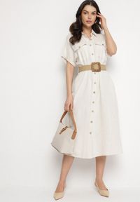 Born2be - Beżowa Koszulowa Sukienka z Lnu i Wiskozy z Elastycznym Paskiem z Klamrą Elanithea. Okazja: na co dzień. Typ kołnierza: kołnierzyk klasyczny. Kolor: beżowy. Materiał: wiskoza, len. Długość rękawa: krótki rękaw. Typ sukienki: koszulowe. Styl: elegancki, casual, klasyczny #7