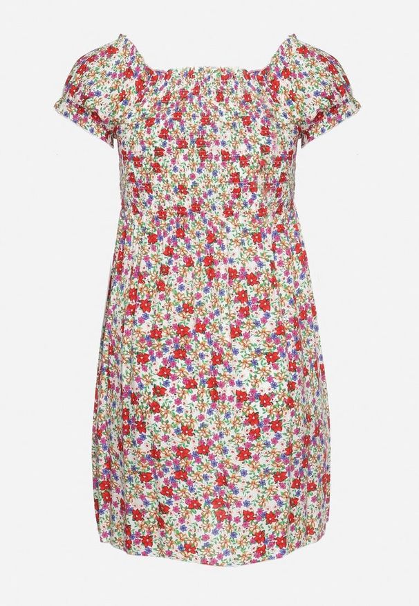 Born2be - Biało-Czerwona Wiskozowa Sukienka w Kwiaty Typu Hiszpanka z Gumką w Talii Revemia. Typ kołnierza: dekolt hiszpanka. Kolor: biały. Materiał: wiskoza. Wzór: kwiaty. Sezon: wiosna. Typ sukienki: z odkrytymi ramionami