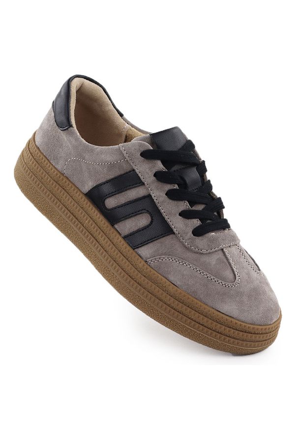 Skórzane półbuty damskie sneakersy zamszowe taupe Filippo DP7114. Okazja: na co dzień. Materiał: skóra. Obcas: na platformie. Styl: casual, sportowy