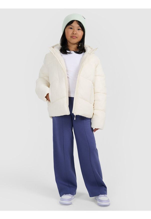 4f - 4F Kurtka puchowa z wypełnieniem syntetycznym dziewczęca - biała 122 (6-7 lat). Kolor: biały. Materiał: puch, syntetyk. Wzór: gładki. Sezon: lato