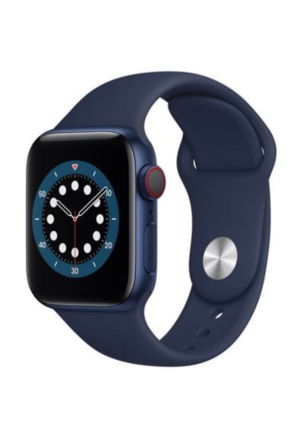 APPLE Watch 6 Cellular 40mm (Niebieski z opaską sportową w kolorze niebieskim). Rodzaj zegarka: smartwatch. Kolor: niebieski. Materiał: poliester, nylon, guma, materiał. Styl: sportowy
