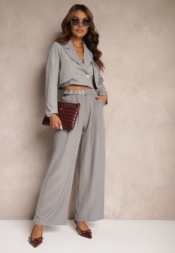 Renee - Szara Nowoczesna Marynarka o Jednorzędowym Fasonie z Poduszkami w Ramionach Selisaria. Okazja: na spotkanie biznesowe. Kolor: szary. Materiał: jedwab, wiskoza, materiał. Wzór: aplikacja. Styl: biznesowy