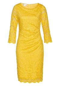 Sukienka koronkowa shape z ozdobnym marszczeniem bonprix żółty kanarkowy. Kolor: żółty. Materiał: koronka #1