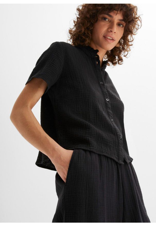 bonprix - Muślinowe spodnie culotte z bawełny. Kolor: czarny. Materiał: bawełna. Styl: elegancki