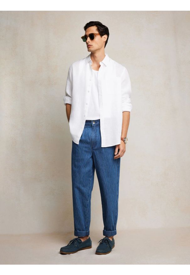 Big-Star - Jeansy męskie loose w prążek granatowe Temir 540. Okazja: na co dzień. Stan: podwyższony. Kolor: niebieski. Wzór: prążki. Styl: elegancki, casual, klasyczny