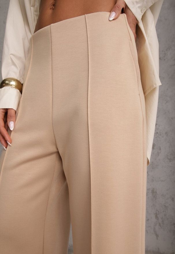 Renee - Beżowe Bawełniano-Wiskozowe Spodnie o Eleganckim Kroju w Kant Tinawre. Okazja: na co dzień. Kolor: beżowy. Materiał: wiskoza, bawełna. Wzór: gładki. Styl: elegancki