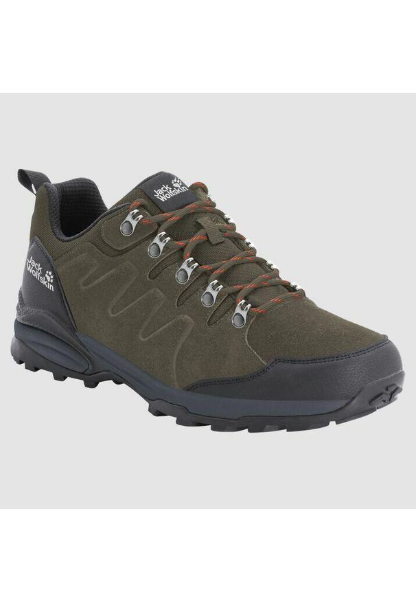 Buty trekkingowe męskie Jack Wolfskin Refugio Texapore. Zapięcie: sznurówki. Kolor: brązowy, zielony, wielokolorowy, szary. Materiał: guma, tkanina, skóra. Szerokość cholewki: normalna. Sport: turystyka piesza
