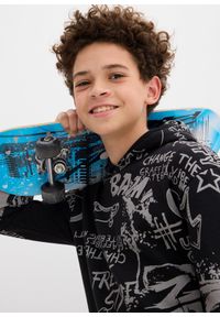 bonprix - Bluza z kapturem z miękkiej mieszanki bawełny. Typ kołnierza: kaptur. Kolor: czarny. Materiał: bawełna. Wzór: nadruk #2