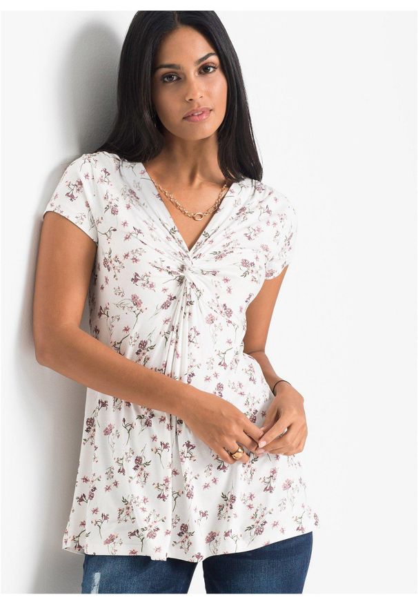 bonprix - T-shirt z mieszanki wiskozy. Typ kołnierza: dekolt w serek. Kolor: biały. Materiał: wiskoza. Wzór: gładki, nadruk, aplikacja