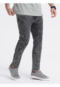 Ombre Clothing - Spodnie męskie jeansowe slim fit z przeszyciem na kolanach - szary V3 - Rozmiar: XL. Kolor: szary. Materiał: jeans. Wzór: aplikacja #4