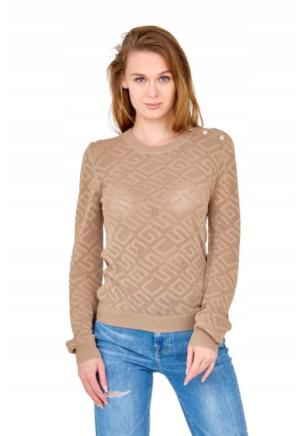 Guess - GUESS Beżowy damski sweterek dzianinowy. Kolor: beżowy. Materiał: wiskoza