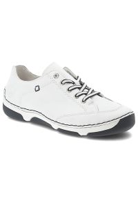 Półbuty damskie Rieker, cholewka skóra naturalna klasyczne sznurowanie i lekka elastyczna podeszwa zapewniają komfort, białe, 55901-80. Okazja: na co dzień. Zapięcie: sznurówki. Kolor: biały. Materiał: skóra. Szerokość cholewki: normalna. Styl: klasyczny #2