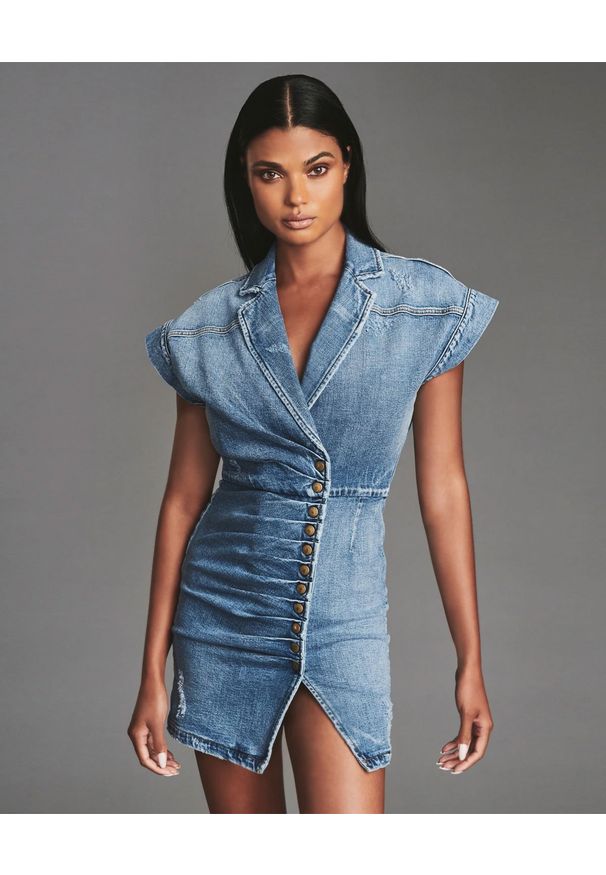 RETROFETE - Jeansowa sukienka Gia. Kolor: niebieski. Materiał: jeans. Wzór: aplikacja. Typ sukienki: dopasowane. Długość: mini