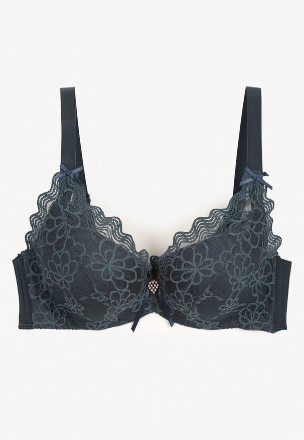 Born2be - Ciemnozielony Biustonosz z Koronką i Regulowanymi Ramiączkami Tinamalli. Kolor: zielony. Materiał: koronka. Wzór: koronka