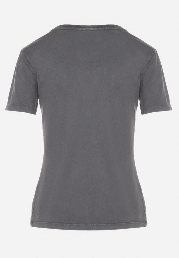 Born2be - Ciemnoszary T-shirt z Bawełny Ozdobiony Napisami i Kwiatami Savierele. Okazja: na co dzień. Kolor: szary. Materiał: bawełna. Wzór: napisy, aplikacja, kwiaty. Styl: klasyczny, casual