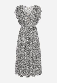 Born2be - Czarna Sukienka Bawełniana z Gumką w Talii i Mozaikowym Wzorem Indaria. Kolor: czarny. Materiał: bawełna #3