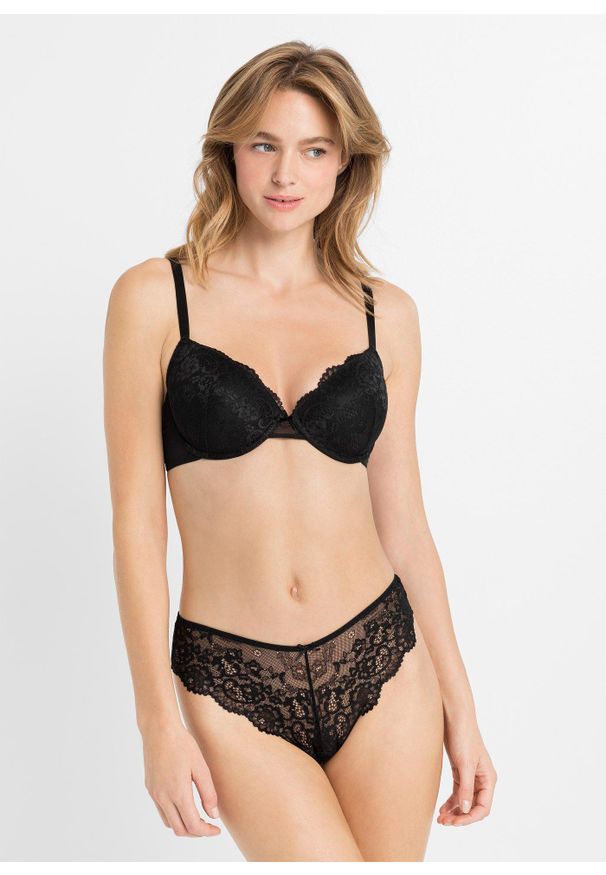 bonprix - Figi brazylijskie z delikatnej koronki (2 pary). Kolor: czarny. Materiał: koronka. Wzór: koronka