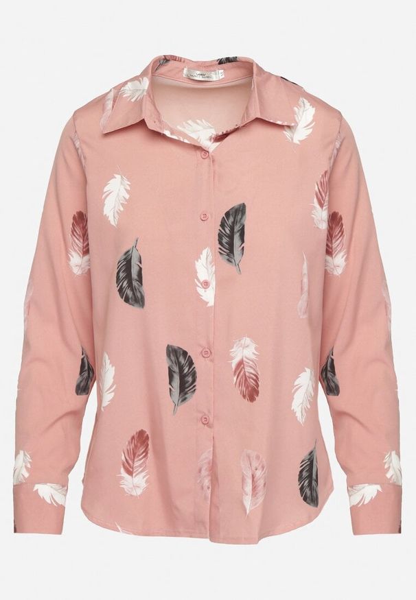 Born2be - Ciemnoróżowa Koszula z Dodatkiem Bawełny w Piórka z Regulowanymi Rękawami Meritania. Kolor: różowy. Materiał: bawełna. Wzór: aplikacja. Styl: klasyczny