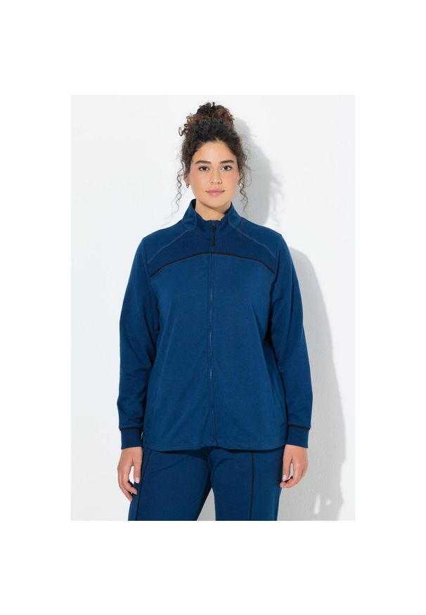 ULLA POPKEN - Damskie Bluza rozpinana wstawki prążkowane stójka długi rękaw. Typ kołnierza: kołnierzyk stójkowy. Kolekcja: plus size. Kolor: niebieski. Materiał: poliester, bawełna, materiał. Długość rękawa: długi rękaw. Długość: długie. Sport: joga i pilates