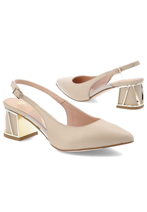 Beżowe Czółenka Armodo Eleganckie Obuwie Damskie. Okazja: na co dzień. Nosek buta: szpiczasty. Zapięcie: pasek. Kolor: beżowy. Wzór: geometria. Materiał: skóra. Obcas: na obcasie. Styl: elegancki. Wysokość obcasa: średni