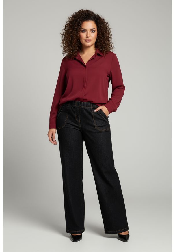 Moda Size Plus Iwanek - Eleganckie grafitowe spodnie Jeangaliny11 o kroju wide leg PLUS SIZE XXL OVERSIZE JESIEŃ. Okazja: do pracy, na co dzień. Stan: podwyższony. Kolekcja: plus size. Kolor: szary. Materiał: wiskoza, poliester, tkanina, bawełna. Sezon: jesień. Styl: elegancki