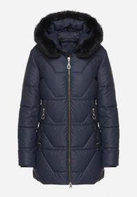 Born2be - Granatowa Taliowana Kurtka Pikowana z Kapturem z Futrem Nalaseva. Okazja: na co dzień. Typ kołnierza: kaptur. Kolor: niebieski. Materiał: futro. Sezon: zima. Styl: casual, elegancki #6