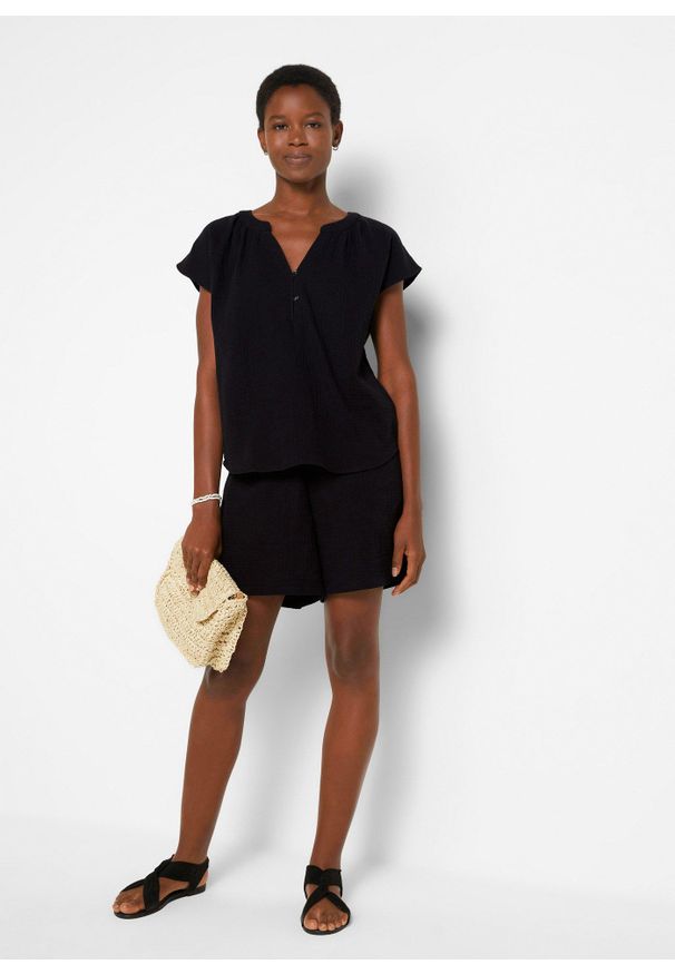 bonprix - Bluzka muślinowa z krótkim rękawem, z czystej bawełny. Typ kołnierza: dekolt w serek. Kolor: czarny. Materiał: bawełna. Długość rękawa: krótki rękaw. Długość: krótkie