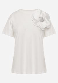 Renee - Biały T-shirt Bluzka z Bawełny z Krótkim Rękawem i Aplikacją Kwiatu Dimasa. Okazja: na imprezę, na urodziny, na randkę. Kolor: biały. Materiał: bawełna. Długość rękawa: krótki rękaw. Długość: krótkie. Wzór: aplikacja, kwiaty. Sezon: lato. Styl: elegancki, klasyczny #8