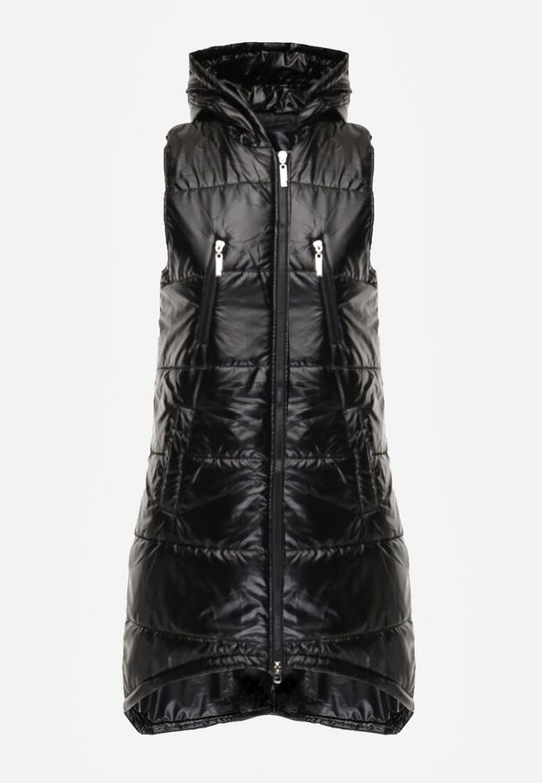 Renee - Czarna Kamizelka o Długim Kroju Wykończona Imitacją Kieszeni i Kapturem Mavaline. Okazja: na co dzień, na spacer. Kolor: czarny. Materiał: bawełna, jeans. Długość: długie. Styl: casual