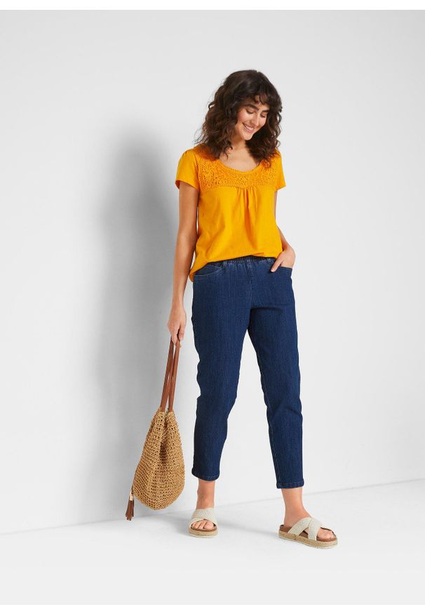 bonprix - Spodnie Straight, mid waist, z wygodnym paskiem (2 pary). Kolor: niebieski