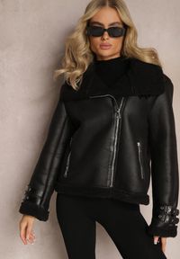 Renee - Czarna Kurtka Biker z Futerkiem Asymetrycznym Suwakiem i Paseczkami Sanet. Kolor: czarny. Materiał: futro. Sezon: zima #4