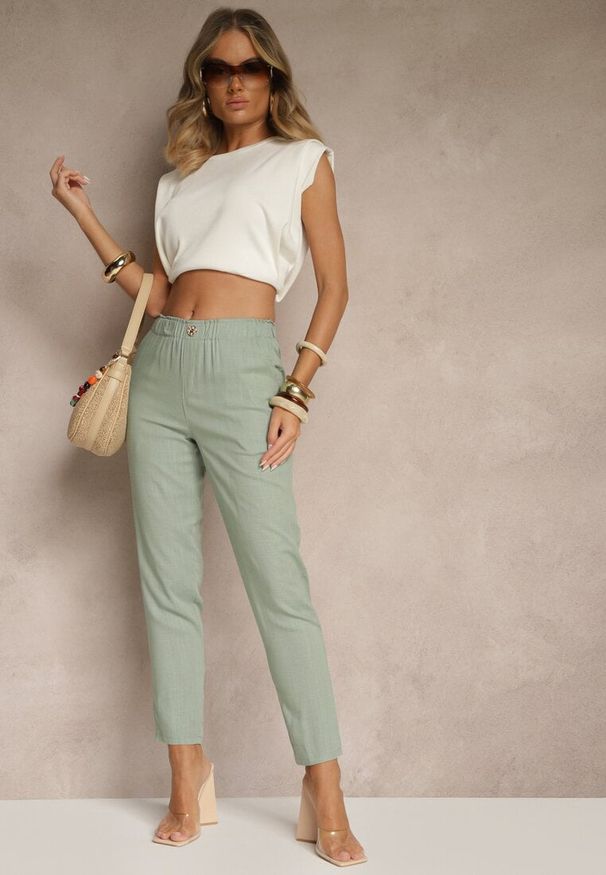 Renee - Zielone Casualowe Spodnie z Lnem z Gumką w Pasie Filanisse. Okazja: na co dzień. Kolor: zielony. Materiał: len. Styl: casual
