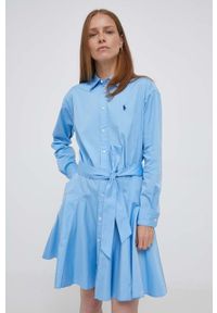 Polo Ralph Lauren sukienka bawełniana kolor niebieski mini rozkloszowana. Typ kołnierza: polo. Kolor: niebieski. Materiał: bawełna. Wzór: aplikacja. Typ sukienki: rozkloszowane. Długość: mini #1