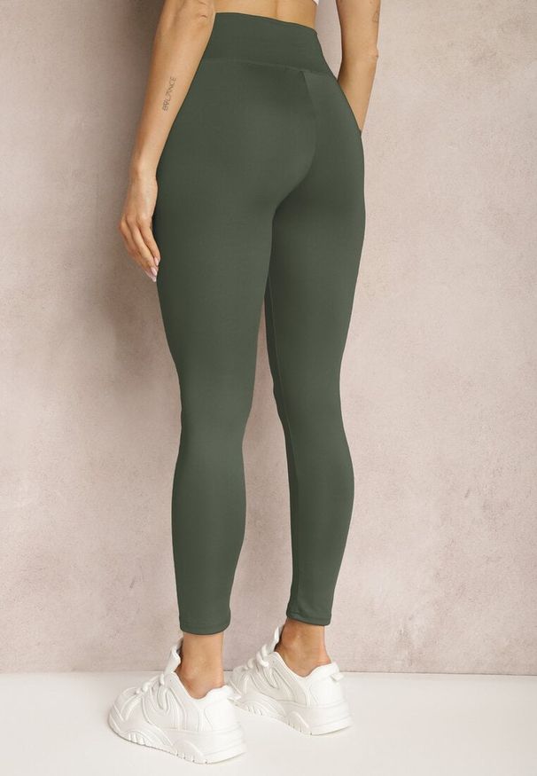 Renee - Ciemnozielone Legginsy High Waist z Gumką w Pasie Cloen. Okazja: na co dzień, na spacer. Stan: podwyższony. Kolor: zielony. Styl: klasyczny, casual