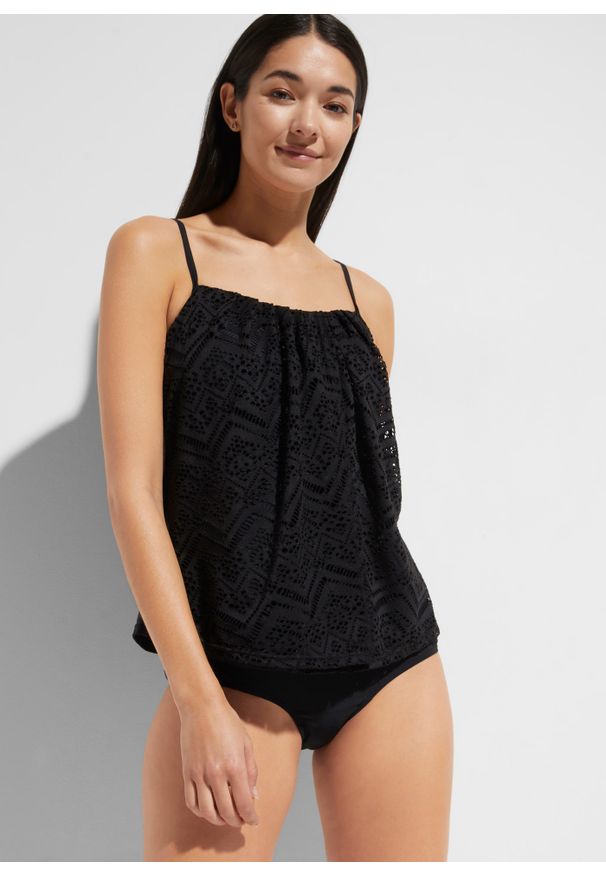 bonprix - Top tankini. Kolor: czarny. Materiał: koronka. Długość rękawa: na ramiączkach. Wzór: koronka