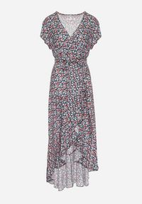 Born2be - Czarno-Zielona Bawełniana Sukienka z Gumką w Talii i Asymetrycznym Dołem Orrizae. Okazja: na co dzień. Typ kołnierza: dekolt kopertowy, kołnierz z falbankami. Kolor: czarny. Materiał: bawełna. Długość rękawa: krótki rękaw. Sezon: wiosna, lato. Typ sukienki: asymetryczne. Styl: elegancki, casual #2