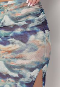 Born2be - Niebiesko-Beżowa Dopasowana Spódnica z Gumką w Pasie Ozdobiona Drapowaniem Jelvira. Kolor: niebieski. Wzór: aplikacja #5